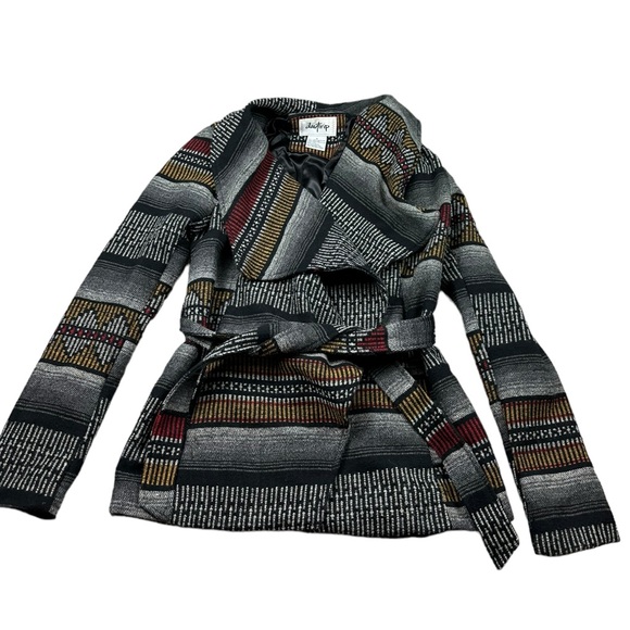 DAYTRIP: Women Aztec Print Wrap Coat Gray Black Wool Peacoat / Jacket-Small - Picture 5 of 8